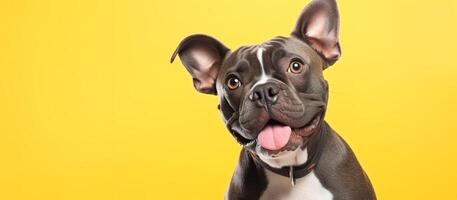 ai gegenereerd portret van een schattig Amerikaans pesten hond Aan een geel achtergrond foto