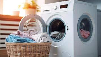 ai gegenereerd het wassen machine met kleren in wasserij kamer. wasserij dag concept foto