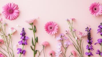 ai gegenereerd top visie beeld van roze en Purper bloemen samenstelling over- pastel achtergrond, kopiëren ruimte foto