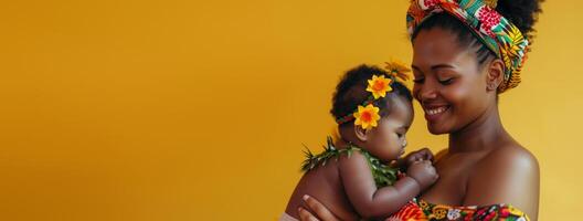 ai gegenereerd gelukkig zwart moeder knuffelen haar aanbiddelijk baby Aan geel achtergrond. gelukkig moeder dag met kopiëren ruimte, liefhebbend mam zorgzaam haar pasgeboren baby foto