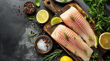 ai gegenereerd vis filet Aan houten bord met ingrediënten voor Koken, vers rauw pangasius vis filet foto