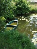 groen landschap met een oud boot in de buurt de kust en groen water lelie bladeren Aan de water foto