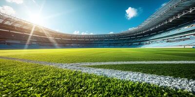 ai gegenereerd voetbal stadion met groen veld- voor Amerikaans voetbal wedstrijd wedstrijd. Amerikaans voetbal kop toernooi foto