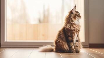 ai gegenereerd een groot hoog volwassen bruin Maine wasbeer kat met een groot pluizig staart en uitgesproken Kenmerken van een Maine Woud kat, zit Aan een licht houten verdieping in een helder kamer kopiëren ruimte foto