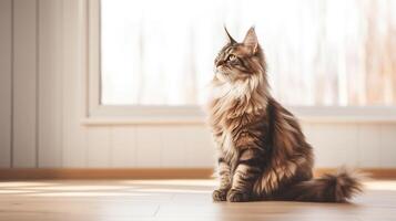 ai gegenereerd een groot hoog volwassen bruin Maine wasbeer kat met een groot pluizig staart en uitgesproken Kenmerken van een Maine Woud kat, zit Aan een licht houten verdieping in een helder kamer kopiëren ruimte foto