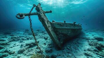 ai gegenereerd anker van oud schip onderwater- Aan de bodem van de oceaan foto