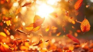 ai gegenereerd levendig detailopname van vallend herfst bladeren met levendig achtergrondverlichting van de instelling zon foto