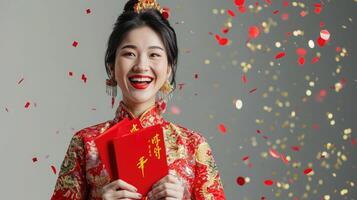 ai gegenereerd verrast gelukkig Aziatisch vrouw in traditioneel oosters kostuum Holding rood enveloppen of ang pao in grijs achtergrond met confetti, Chinese tekst middelen Super goed geluk Super goed winst foto