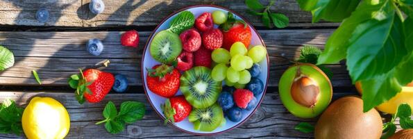 ai gegenereerd top visie assortiment van verschillend fruit rijk in vitamine. voedingswaarde voedsel voor Gezondheid welzijn, eetpatroon en gezond voeding, buitenshuis zomer foto