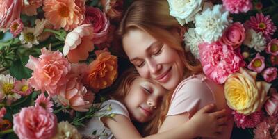 ai gegenereerd gelukkig moeder en dochter genieten van kwaliteit tijd samen. blij mam omarmen haar dochter omringd door bloemen. hartverwarmend en emotioneel resonerend voor moeder dag foto