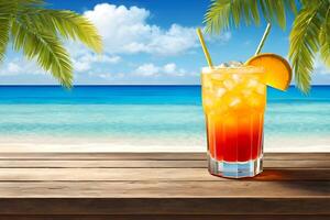 ai gegenereerd een glas van fruit sap is gepresenteerd Aan een strand achtergrond gedurende zomer foto