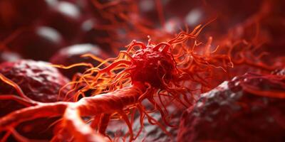 ai gegenereerd verschrikkelijk rood kanker cellen ziekte verspreiden Aan een orgaan binnen menselijk lichaam. kanker behandeling, kanker oncologie, groeit tumor cellen foto