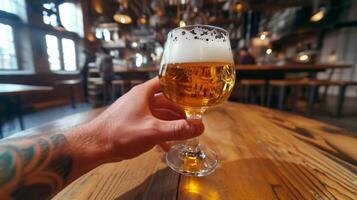 ai gegenereerd een man's hand- Holding een glas van bier eerste persoon visie. hangen uit, partij viering foto