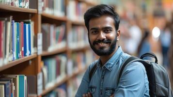 ai gegenereerd portret van vrolijk mannetje Internationale Indisch leerling met rugzak, aan het leren accessoires staand in de buurt boekenkasten Bij Universiteit bibliotheek foto