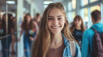 ai gegenereerd gelukkig tiener- meisje in gang Bij hoog school- op zoek Bij camera. haar vrienden zijn in de achtergrond foto