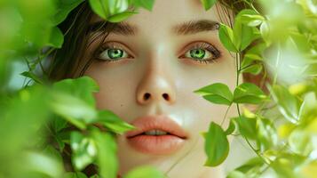 ai gegenereerd portret van mooi vrouw met groen bladeren voor natuurlijk producten reclame. aantrekkelijk brunette meisje met gezond huid, glad gezicht, schoonheid behandelingen, schoonheidsmiddelen foto
