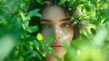 ai gegenereerd portret van mooi vrouw met groen bladeren voor natuurlijk producten reclame. aantrekkelijk brunette meisje met gezond huid, glad gezicht, schoonheid behandelingen, schoonheidsmiddelen foto