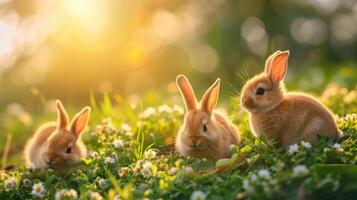 ai gegenereerd schattig weinig Pasen konijntjes Aan groen gras Bij zonsondergang foto