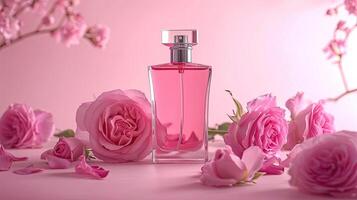 ai gegenereerd fles van vrouw parfum met roze rozen Aan roze kleur achtergrond foto