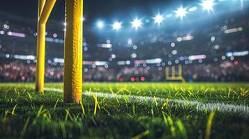 ai gegenereerd Amerikaans Amerikaans voetbal arena met geel doel na, gras veld- en wazig fans Bij speelplaats visie. foto