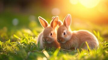 ai gegenereerd schattig weinig Pasen konijntjes Aan groen gras Bij zonsondergang foto