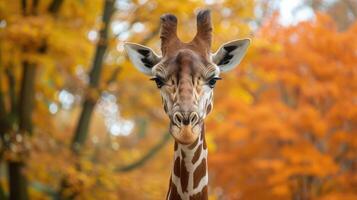 ai gegenereerd portret van een giraffe Aan een achtergrond van herfst Woud. foto