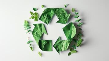 ai gegenereerd groen recycle symbool Aan wit achtergrond. recycling teken voor wereld bescherming, ecologisch omgeving, nul koolstof dioxide uitstoot foto