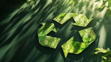 ai gegenereerd groen recycle symbool achtergrond. recycling teken voor wereld bescherming, ecologisch omgeving, nul koolstof dioxide uitstoot foto