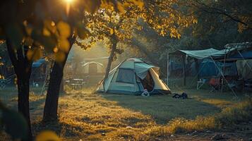 ai gegenereerd tevel en camping in kamp grond foto