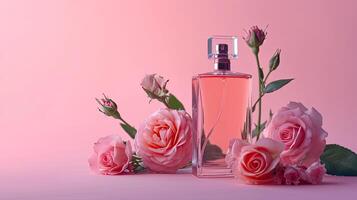 ai gegenereerd fles van vrouw parfum met roze rozen Aan roze kleur achtergrond foto