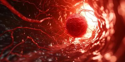 ai gegenereerd verschrikkelijk rood kanker cellen ziekte verspreiden Aan een orgaan binnen menselijk lichaam. kanker behandeling, kanker oncologie, groeit tumor cellen foto