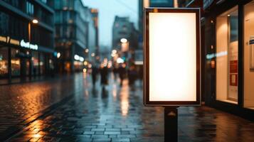 ai gegenereerd blanco stad formaat banier pyloon Aan de trottoir model. aanplakbord in de stad centrum bespotten omhoog. wazig achtergrond, focus Aan voorgrond, kopiëren ruimte foto