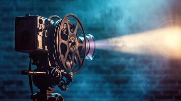 ai gegenereerd film projector Aan een donker achtergrond met licht straal hoog contrast beeld foto