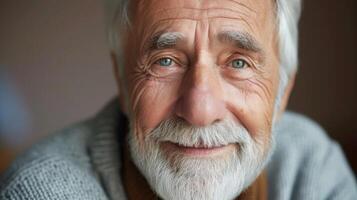 ai gegenereerd detailopname portret van gelukkig senior Mens op zoek Bij camera foto