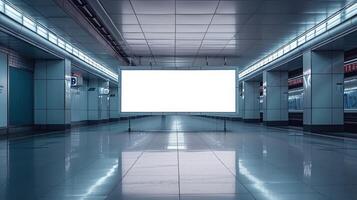 ai gegenereerd binnen- buitenshuis stad licht winkelcentrum winkel sjabloon. blanco aanplakbord bespotten omhoog in een metro station, ondergronds interieur. foto