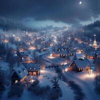 ai gegenereerd sneeuw gedekt dorp gloeit betoverend onder 's nachts verlichting voor sociaal media post grootte foto