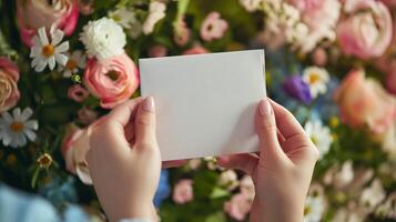 ai gegenereerd handen teder Holding een blanco kaart klaar voor een romantisch bericht, ingelijst door een boeket van levendig Valentijnsdag bloei foto