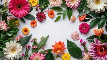 ai gegenereerd creatief lay-out gemaakt van bloemen en bladeren. vlak leggen. natuur concept. bloemen groet kaart. kleurrijk voorjaar bloem achtergrond, ruimte voor tekst. natuur modieus decoratief ontwerp. foto