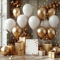 ai gegenereerd gouden ballonnen en cadeaus reeks de tafereel voor viering uitnodiging voor sociaal media post grootte foto