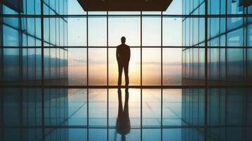 ai gegenereerd silhouet van zakenman staand in kantoor gebouw gang tegen licht foto