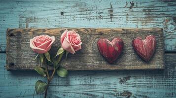 ai gegenereerd rozen en een harten Aan houten bord, valentijnsdag dag achtergrond, bruiloft dag foto