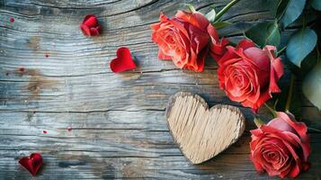 ai gegenereerd rozen en een harten Aan houten bord, valentijnsdag dag achtergrond, bruiloft dag foto