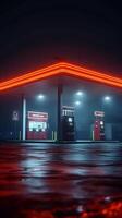 ai gegenereerd griezelig nachtelijk sfeer 3d renderen illustreert gas- station in mist verticaal mobiel behang foto