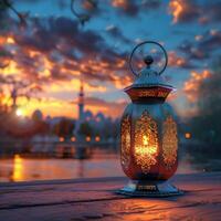 ai gegenereerd Ramadan reflecties lantaarn Aan tafel met sereen backdrop tafereel voor sociaal media post grootte foto