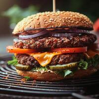 ai gegenereerd heerlijk vegetarisch hamburger opgestapeld hoog met hartig fabriek gebaseerd toppings voor sociaal media post grootte foto