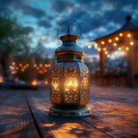 ai gegenereerd mooi Ramadan tafereel lantaarn Aan houten tafel te midden van vredig instelling voor sociaal media post grootte foto