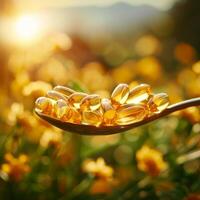 ai gegenereerd lepel houdt dieet supplementen tegen levendig, zonovergoten achtergrond voor sociaal media post grootte foto