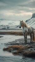 ai gegenereerd IJslands landschap versierd met prachtig paard creëert een verbijsterend visie verticaal mobiel behang foto