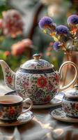 ai gegenereerd thee reeks met charmant bloemen ontwerp voegt toe een tintje van schoonheid verticaal mobiel behang foto