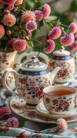 ai gegenereerd foto thee reeks met elegant bloemen serviesgoed vergezeld door mooi bloemen verticaal mobiel behang